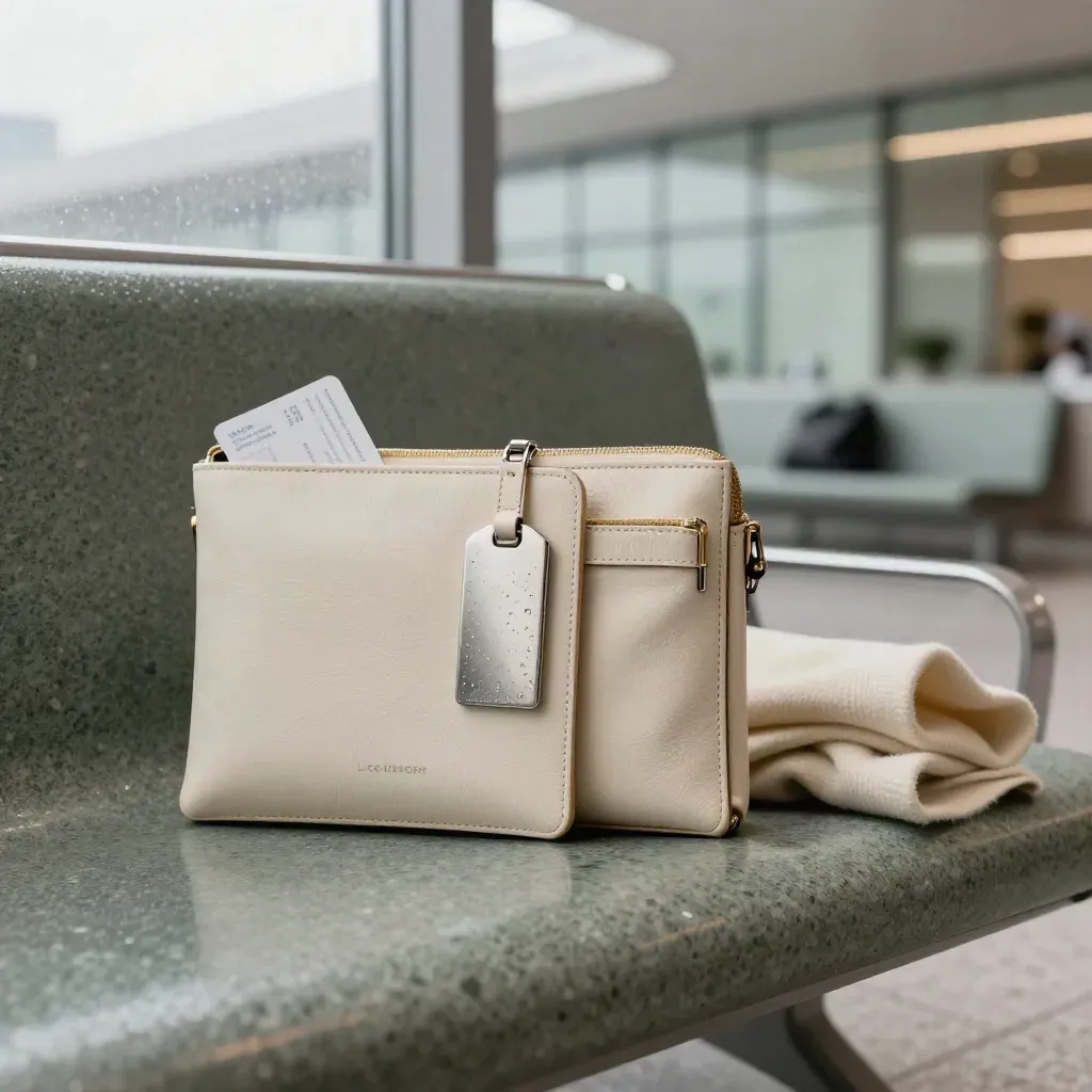 Cream leather travel folio with sleeve, tag, pouch and cashmere wrap on a misty lounge bench.