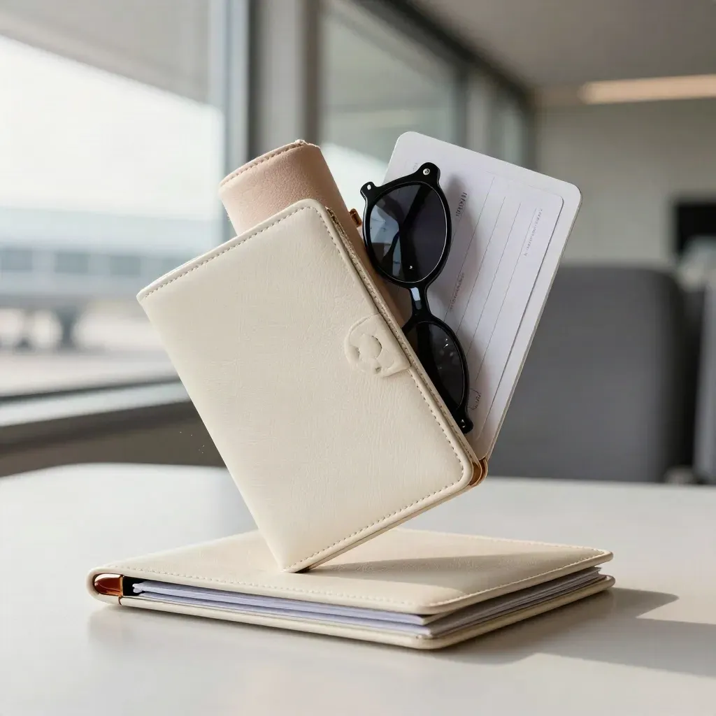 Cream travel folio stack floating on pearl surface with passport sleeve, scarf roll, and sunglasses case.
