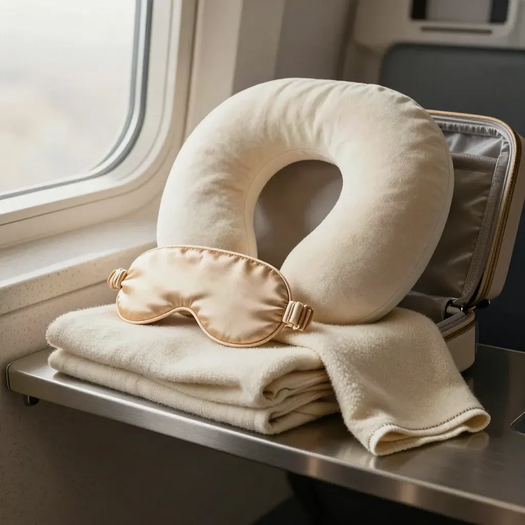 Cabin upgrade kit with pillow, eye mask and throw spilling from a linen case on a pewter lounge shelf.