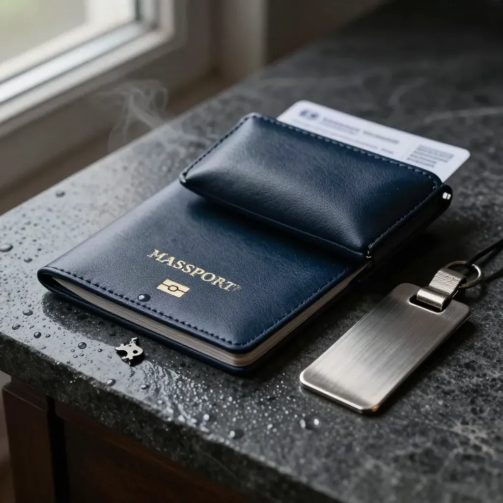 Graphite travel set on wet stone with rain beads, brushed metal tag, and dark navy passport sleeve.