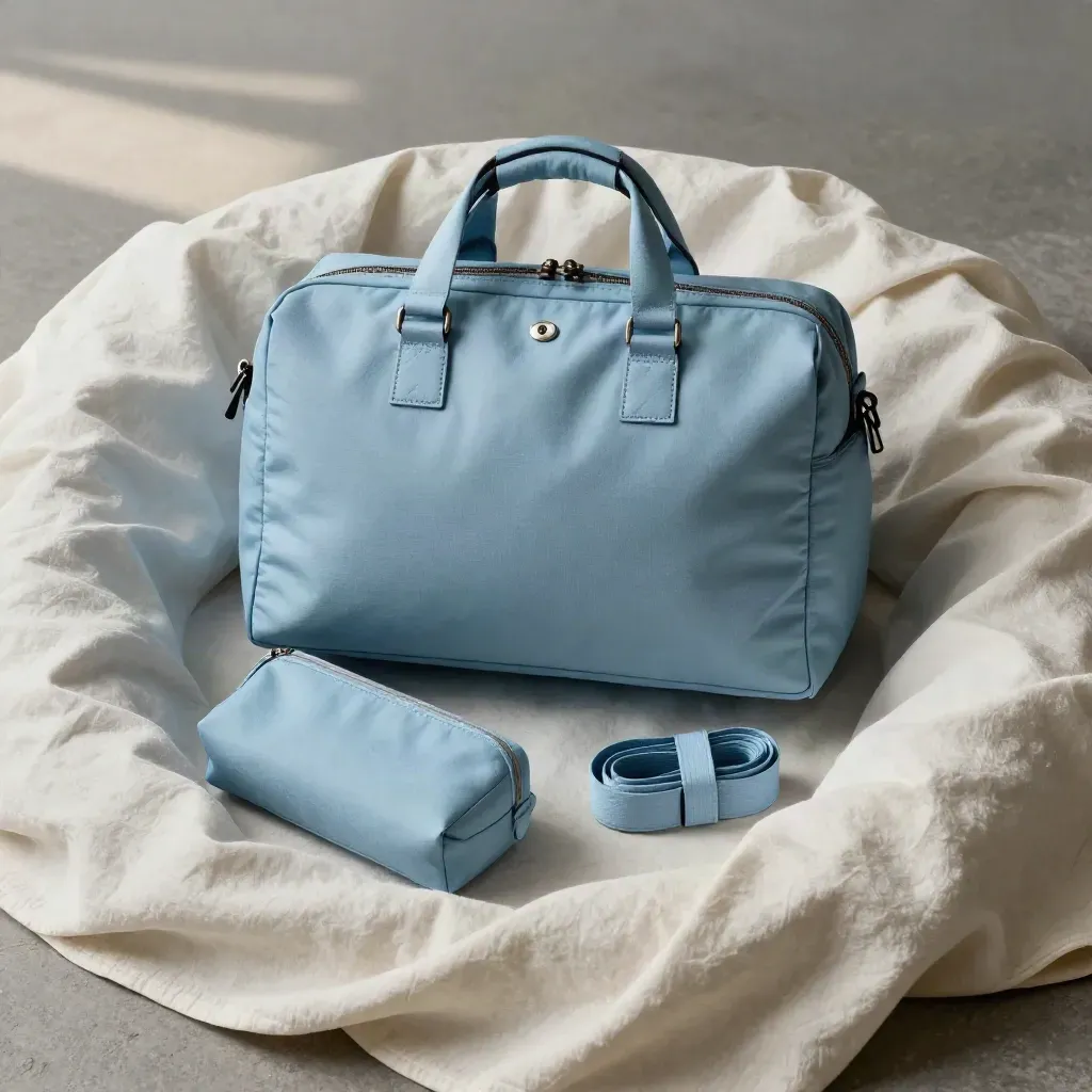 Sky-blue cabin bag kit with pouch, cube and strap half-sunk in off-white canvas, overhead.