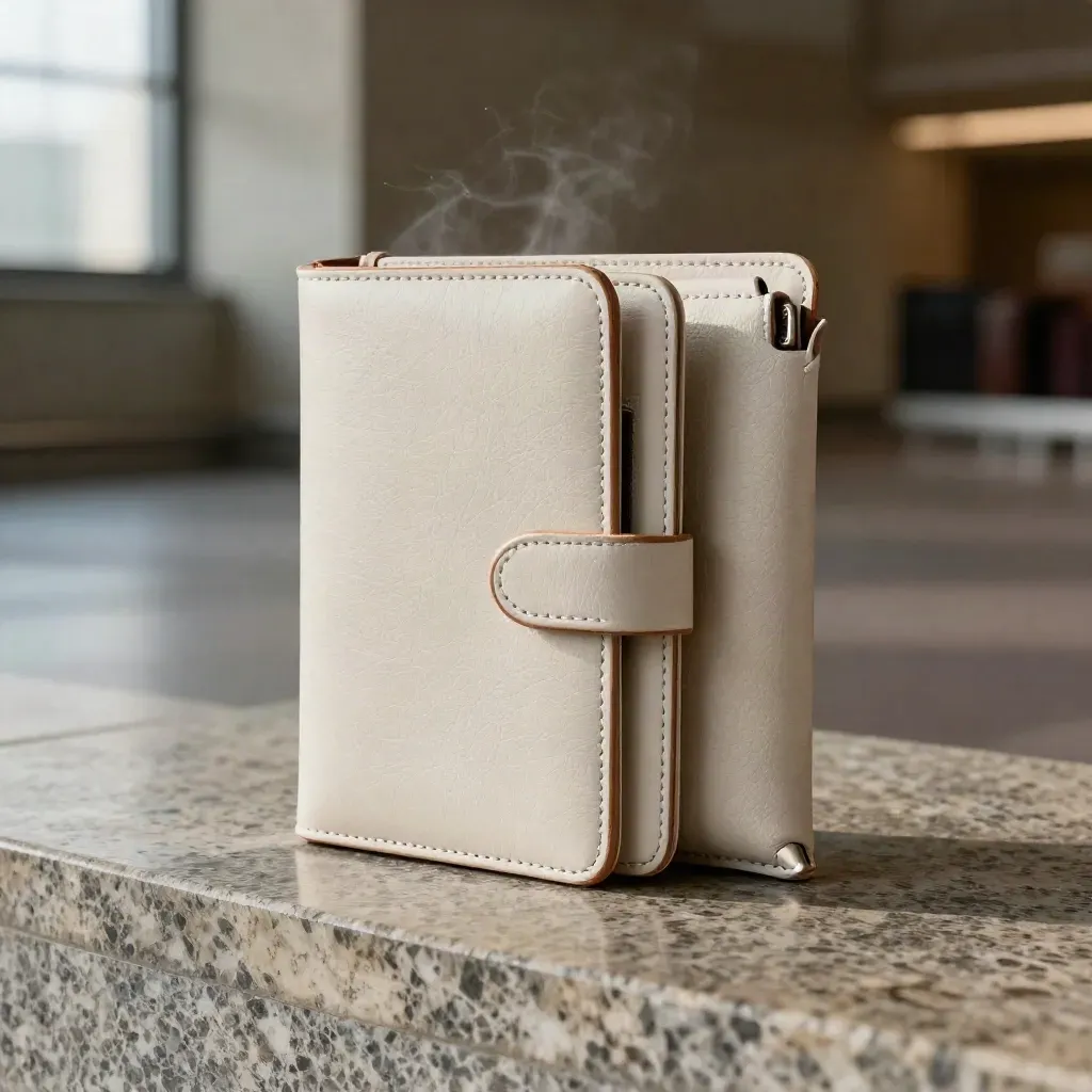 Stone leather travel folio with pouch and tag holder on brushed stone, rim-lit in frosty haze