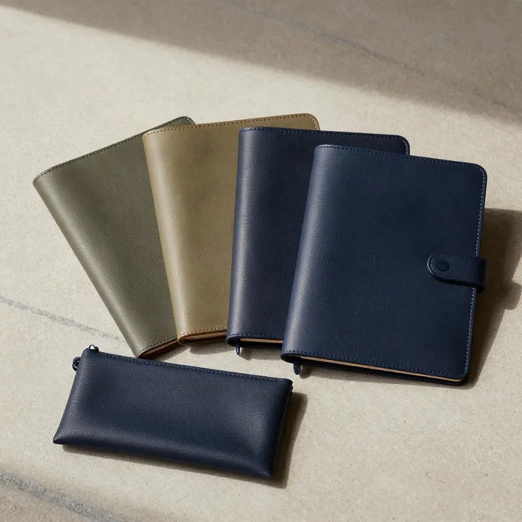 Four navy travel folios and a pouch arranged overhead on pale concrete.