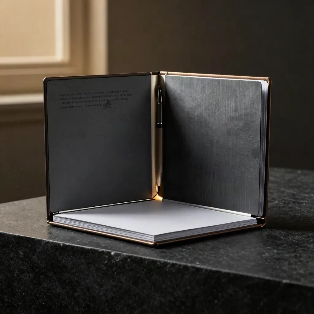 Charcoal charter folio open under a light shaft with a metal pen case on a dark stone plinth