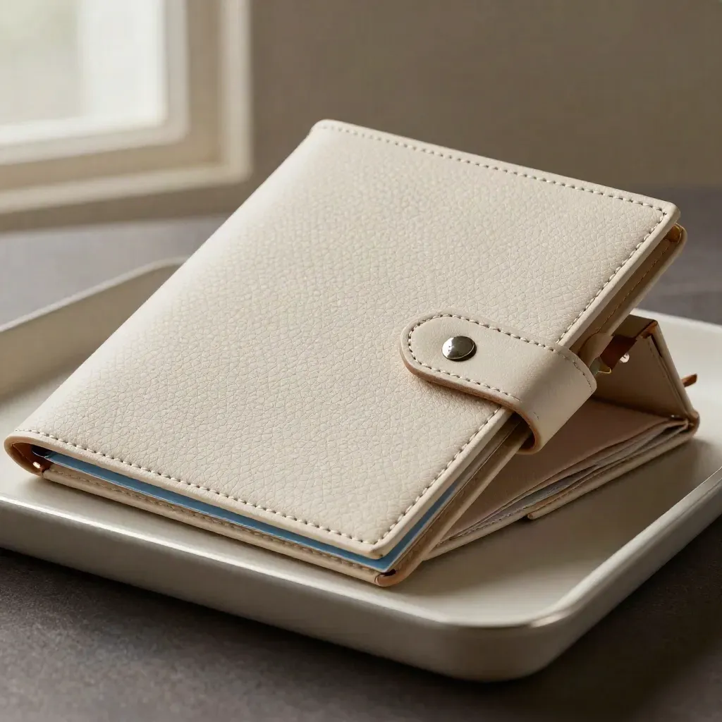 Cream travel folio, luggage tag, and key sleeve sliding from a tray, macro close-up.