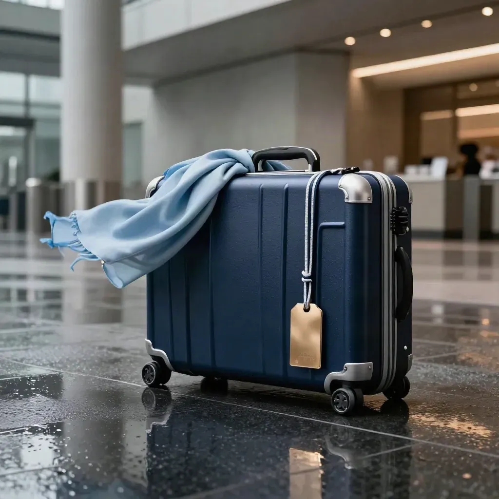 Navy suitcase, sky-blue scarf and gold tag on a wet concourse with dramatic reflections.