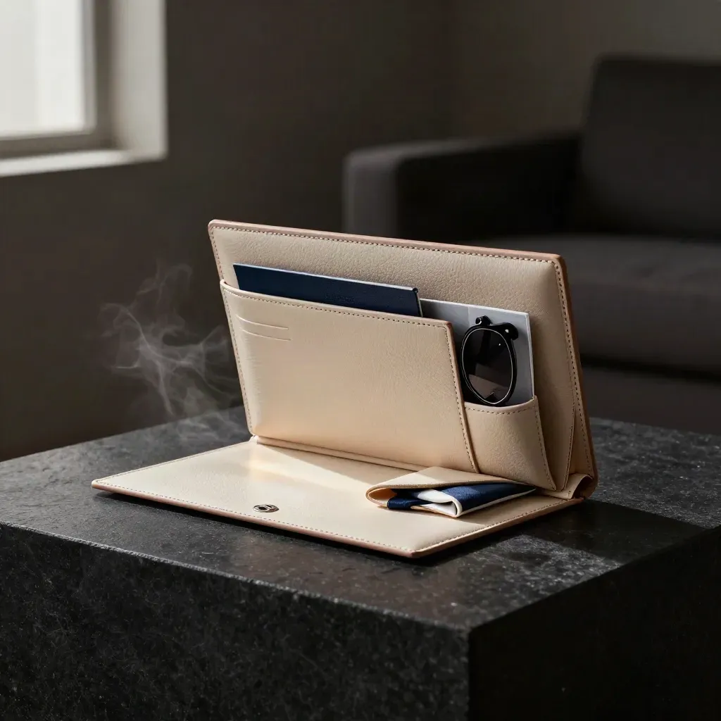 Cream travel folio with passport sleeve, sunglasses case and scarf on matte-black stone in dramatic studio light.