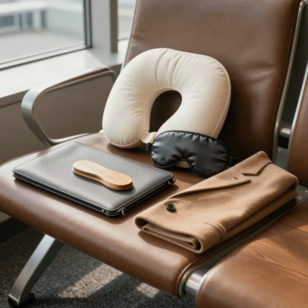 Business seat upgrade kit with neck pillow, eye mask, blazer sleeve, laptop sleeve and shoe tree in airport lounge