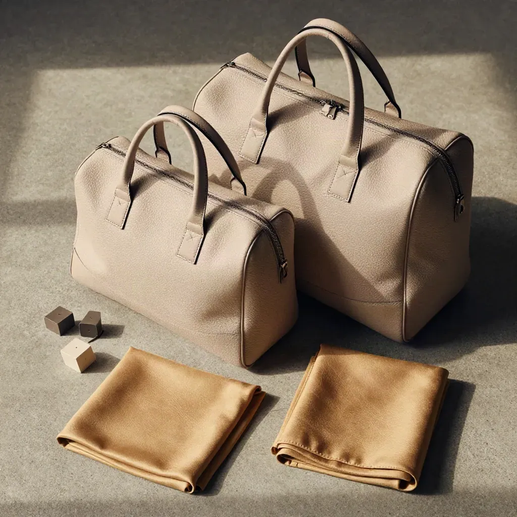 Overhead flatlay of two nested cabin bags with packing cubes and a folded scarf on concrete.