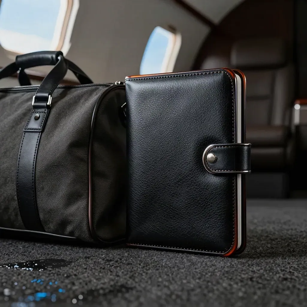 Black leather travel folio and compact duffel on wet tarmac with cool metal details.