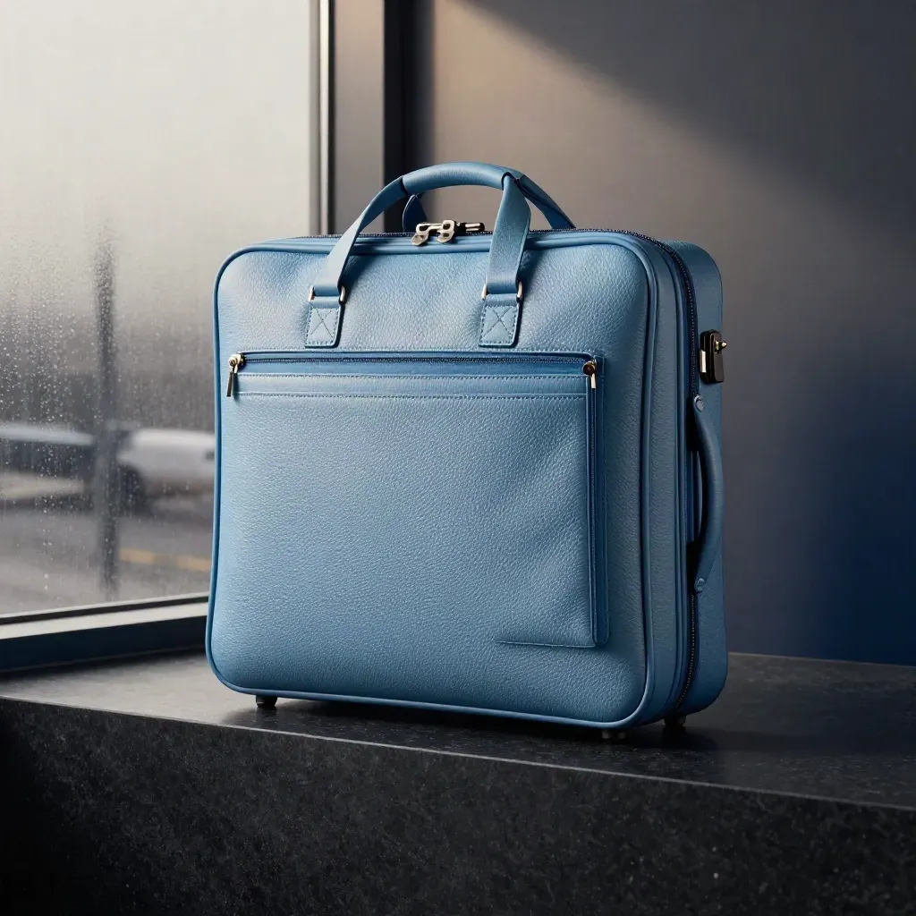 Alpine blue travel case, passport sleeve and slim tote on a dark studio surface with misted glass.
