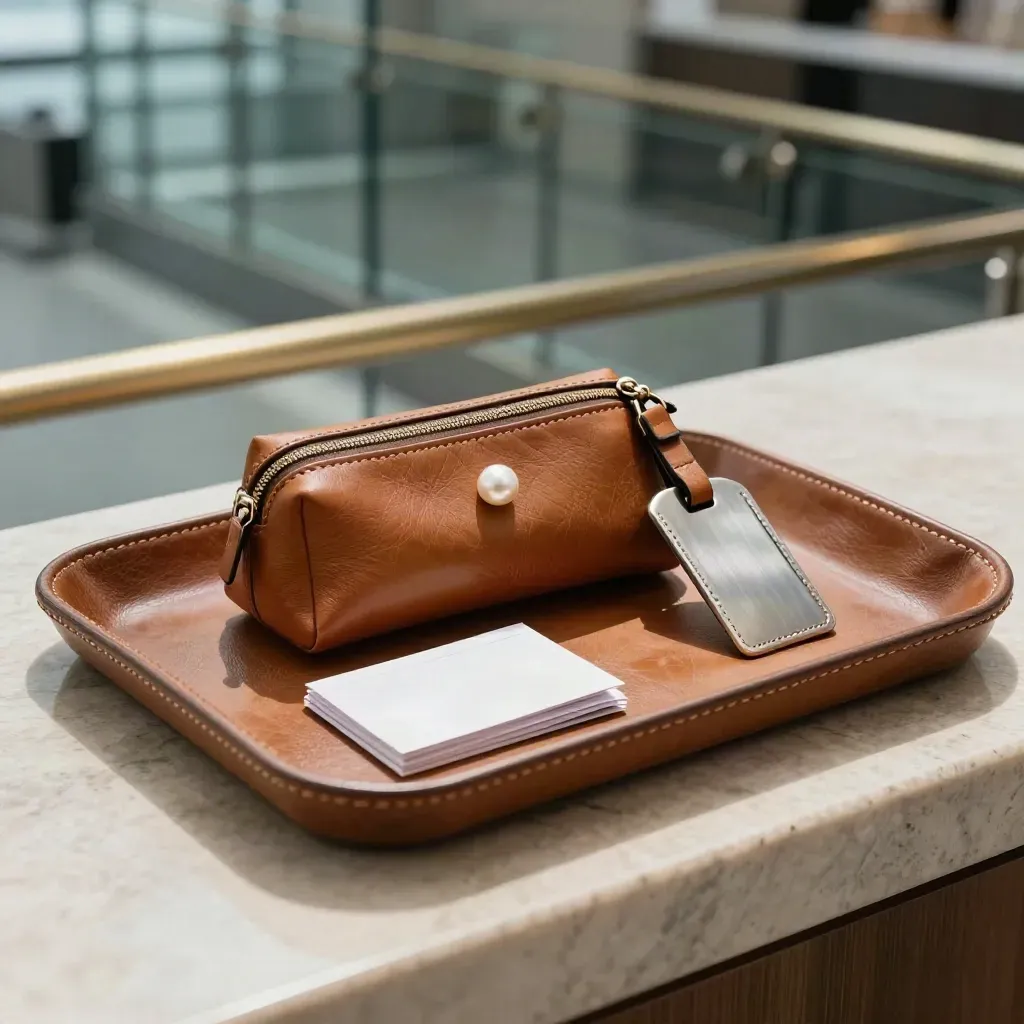 Tan leather valet tray with key pouch, luggage tag and card holder on limestone