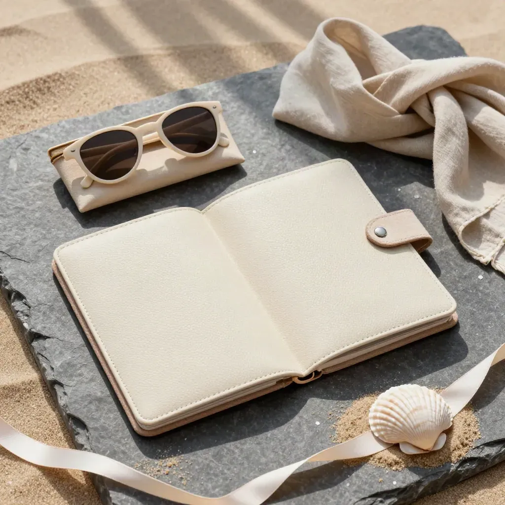 Cream travel folio, shell sunglasses case, linen scarf, shell and sand on graphite stone.