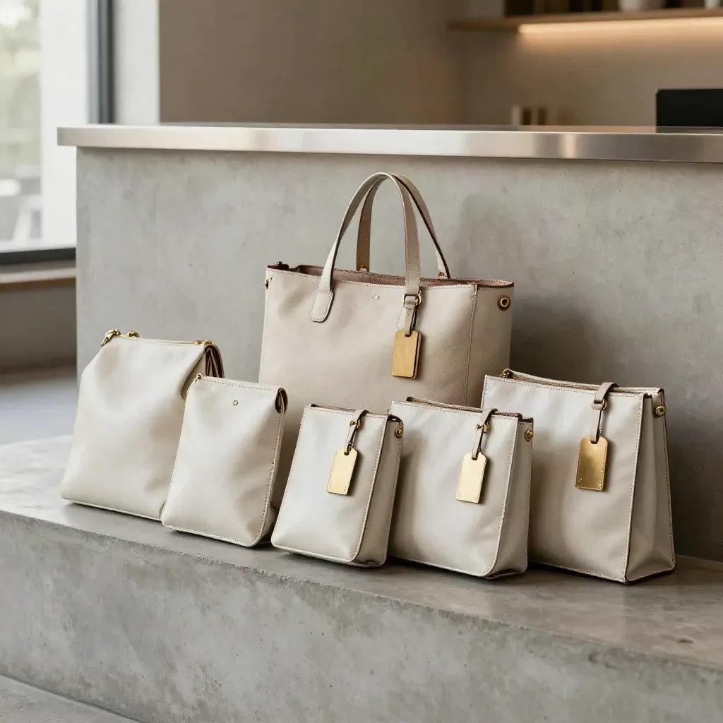 Six travel folios, oversized tote and tags on a concierge counter in soft daylight