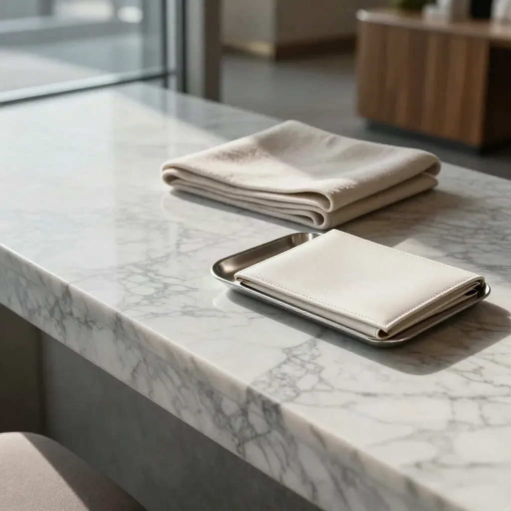 Sunlit marble lounge surface with soft travel objects and calm copy space below.