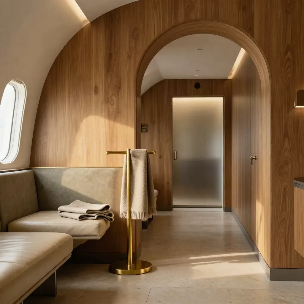 Sunlit oak-and-brass lounge corridor with arch openings and a distant departure glow.